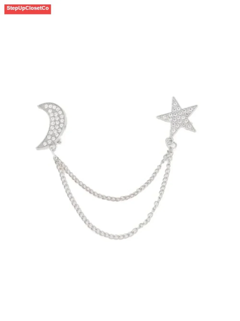 Gold Tassel Chain Brooch Double Pin Star Moon Crystal Rhinestone Suit Coat